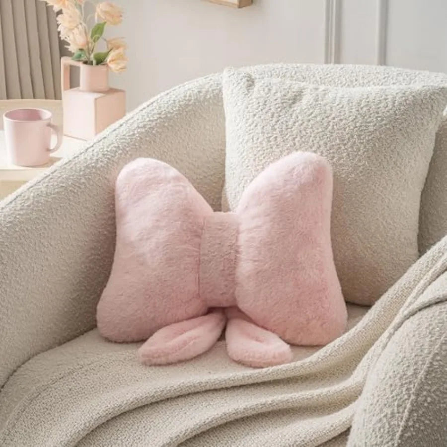 Pink Bow Throw Pillow – Faux Rabbit Fur Bow Cushion for Coquette Aesthetic Bedroom & Sofa Decor