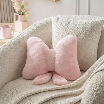 Pink Bow Throw Pillow – Faux Rabbit Fur Bow Cushion for Coquette Aesthetic Bedroom & Sofa Decor