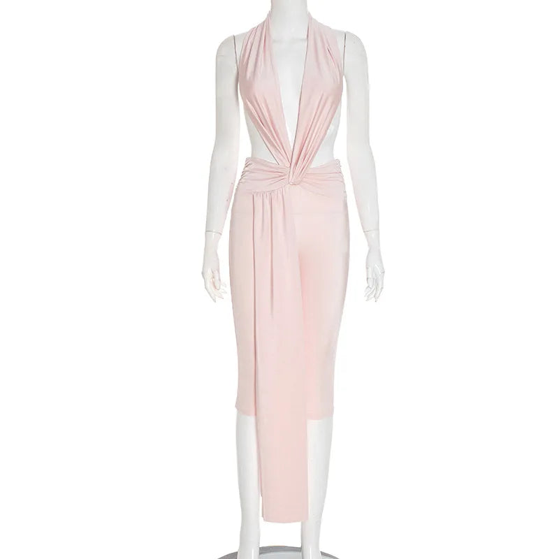 Sexy Halter V Neck Jumpsuits 2025 Women Summer Club Elegant Bodycon Luxury One Piece Party Shiny Jumpsuit Bodysuit Playsuit