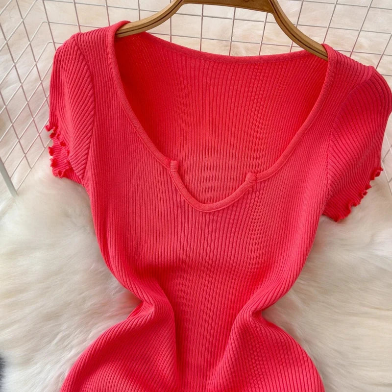 Women's Red Short Sleeve Sundress Solid Ruffle Trim Stretchy Ribbed Knit Bodycon Mini Dress Casual Party Clubwear Dress Outfits
