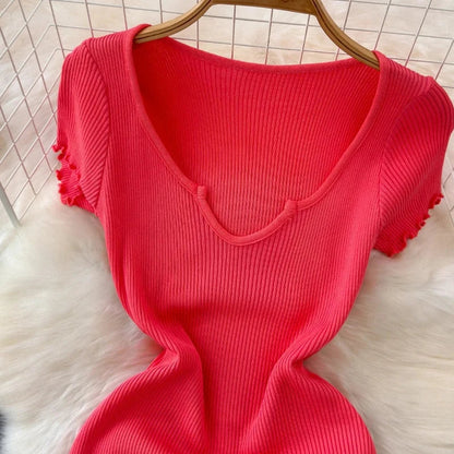 Women's Red Short Sleeve Sundress Solid Ruffle Trim Stretchy Ribbed Knit Bodycon Mini Dress Casual Party Clubwear Dress Outfits