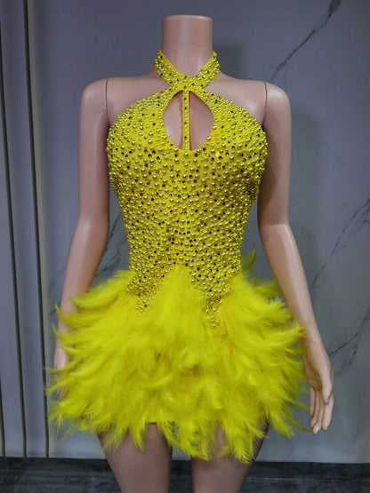 Fashion 2025new sexy Latin dance dress with airy hollow design, feather skirt hanging neck skirt