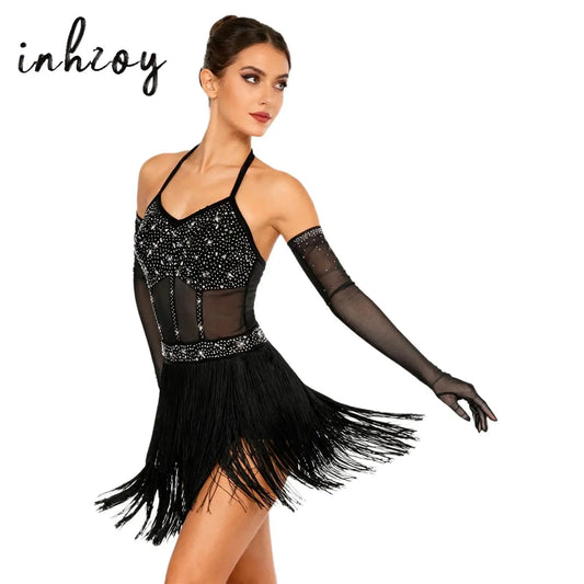 Womens Latin Dance Dress Sheer Mesh Patchwork Tiered Tassel Bodysuit Dress and Gloves for Tango Samba Dance Ballroom Dancewear