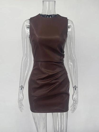 TARUXY Sleeveless Leather Maxi Dress For Women Tight Pleated Sexy Hip-Hugging Dress Vestido Solid High Waist Party Female Dress