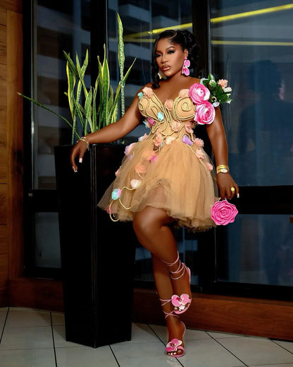 Amazing Blossom 3D Flower Short Tulle Women Party Dresses Pretty Champagne Floral A-line Tulle African Dress