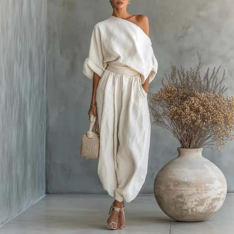 Elegant Skew Collar Long Sleeve Top & Casual Pants Set Woman Sexy Hollow Out Solid Suit Outfit Spring Fall Loose Female Clothing