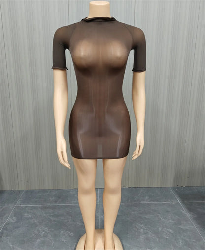 FLARORA Sexy See Through Mini Dress Woman Solid Color O-Neck Short Sleeves Skinny Peach Hip Elastic Clubwear Midnight Bodycon