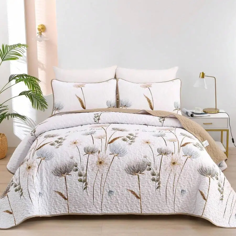 3-Piece Queen Floral Quilt Set, Lightweight Reversible Farmhouse Coverlet with 2 Pillow Shams