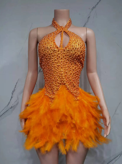 Fashion 2025new sexy Latin dance dress with airy hollow design, feather skirt hanging neck skirt