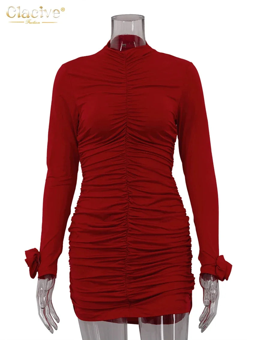Clacive Bodycon Red Knitted Women's Dress 2024 Fashion Stand Collar Long Sleeve Mini Dresses Elegant Classic Ruched Female Dress