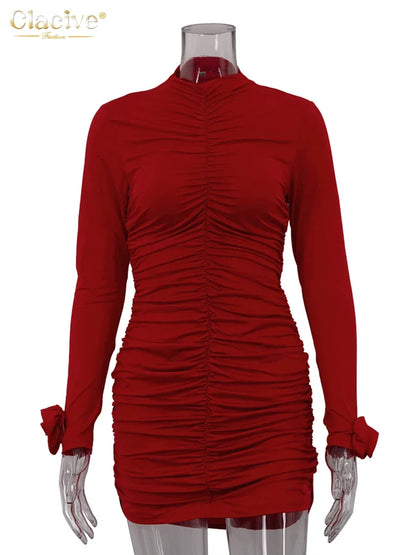 Clacive Bodycon Red Knitted Women's Dress 2024 Fashion Stand Collar Long Sleeve Mini Dresses Elegant Classic Ruched Female Dress