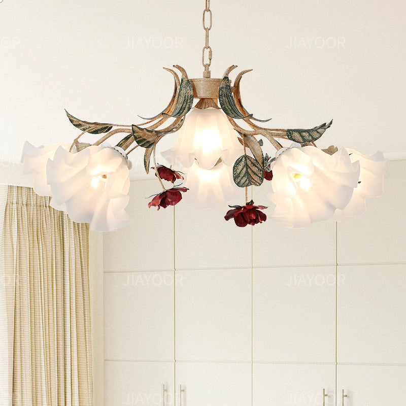 Floral Chandelier with Red Rose Accents, Golden Vines & LED Lights - 4/6/9 Heads