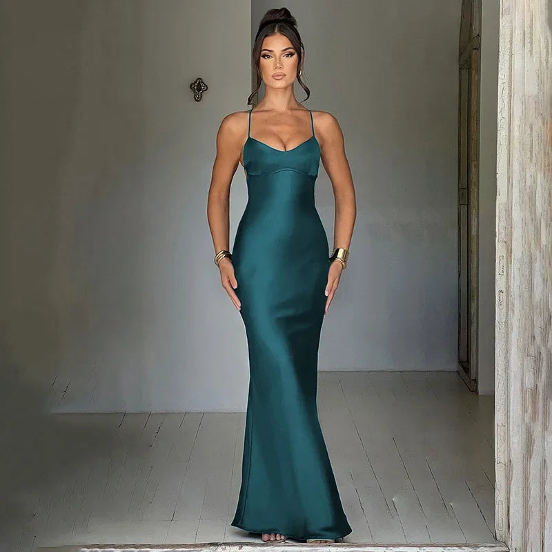 Sexy Spaghetti Strap Satin Dresses Women Elegant Backless Lace Up Mermaid Dress Woman Sleeveless Slim Bodycon Party Long Dress
