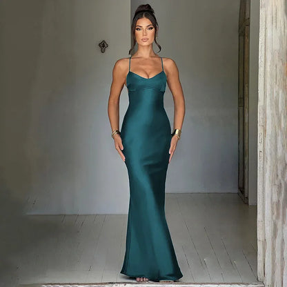 Sexy Spaghetti Strap Satin Dresses Women Elegant Backless Lace Up Mermaid Dress Woman Sleeveless Slim Bodycon Party Long Dress