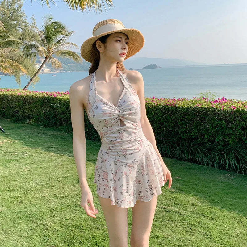 Sexy Halter Neck One Piece Swimsuit Women Elegant Modest Tummy Control Push Up Slimming Beachwear for Hot Spring Vacation