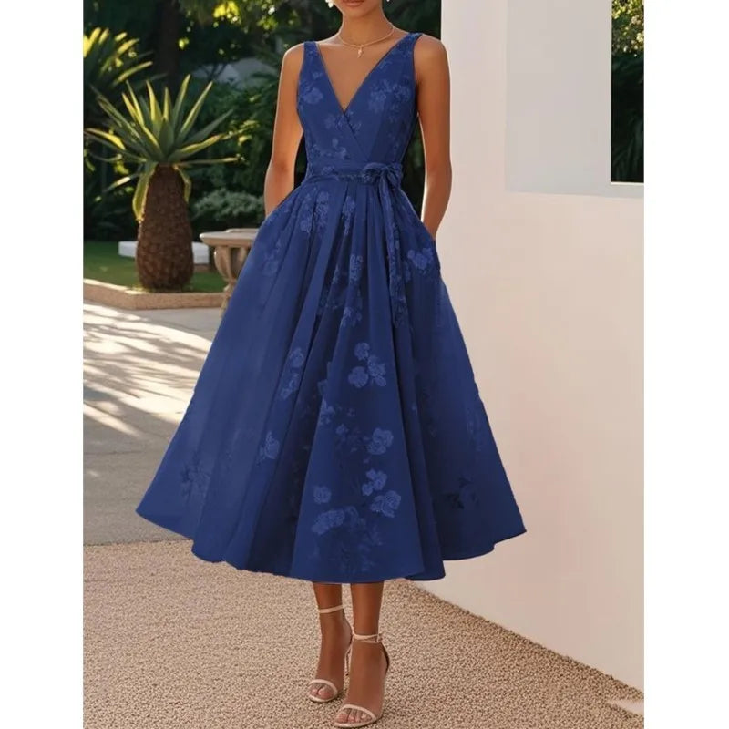 Summer Elegant Evening Party Dress 2025 Sexy V-neck Sleeveless Lace-up Chic Pleated Dresses Boho Womens A-Line Prom Dress Robe