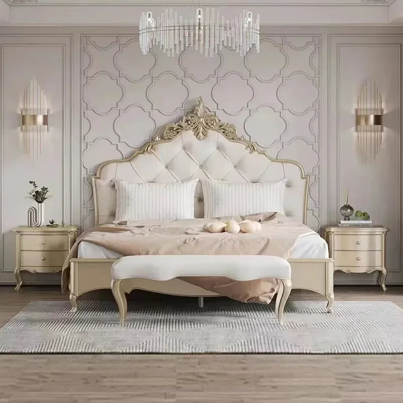Luxury Wood Bed Set with Vintage European Design & Elegant Gold Nightstands