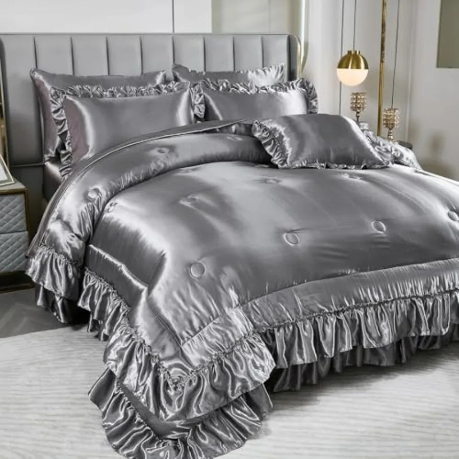 Grey Satin Queen Comforter Set – 8-Piece Ruffled Bedding