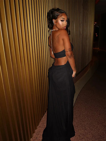 Nibber Prom Party Gown Dress Woman Sexy See Through Luxury Chain Halter Low-Neck Backless Sleeveless Midnight Elegant Vestidos
