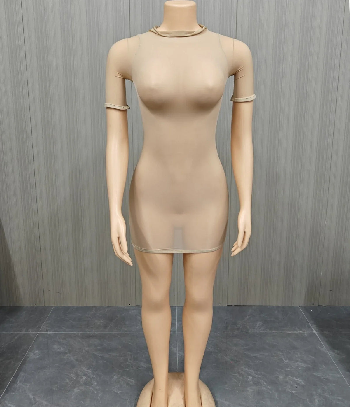FLARORA Sexy See Through Mini Dress Woman Solid Color O-Neck Short Sleeves Skinny Peach Hip Elastic Clubwear Midnight Bodycon