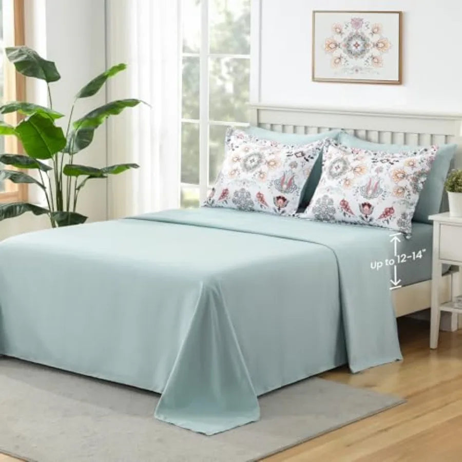 Boho Floral Comforter Set - 7 Piece Queen Bedding in Light Green Microfiber with Elegant Design