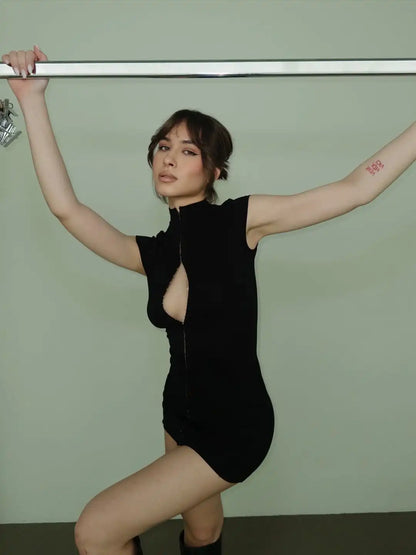 Kpop Black Hollow Out Mini Dress Women Elegant Turtleneck Short Sleeve High Waist Slim Dresses Lady Evening Club Fashion Robes