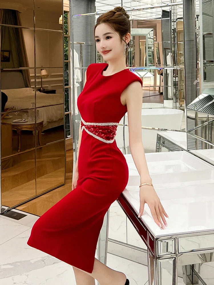 Shiny Diamonds Sequins Dresses for Women Elegant  High Waist Engagement Dress  Robe Female Party Vestidos