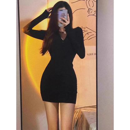 Sexy Slimming Short Dress Women's Bodycon Skirt Long Sleeve Autumn Winter Fashion Trendy Street Style Polyester Spandex Blend