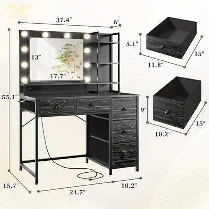 Black LED Vanity with 3-Color Lighting, 2 USB Ports, 5 Drawers & Hair Dryer Rack