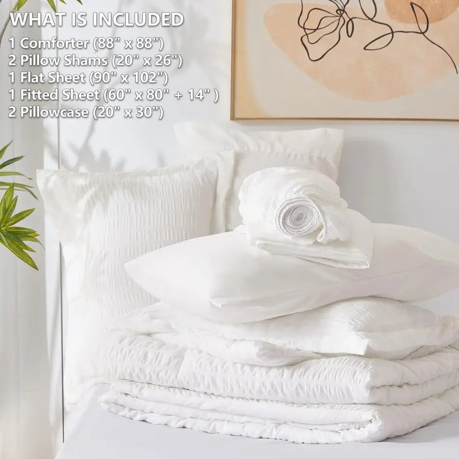 7-Piece Winter White Queen Bedding Set with Down Alternative Comforter, Soft Microfiber Sheets