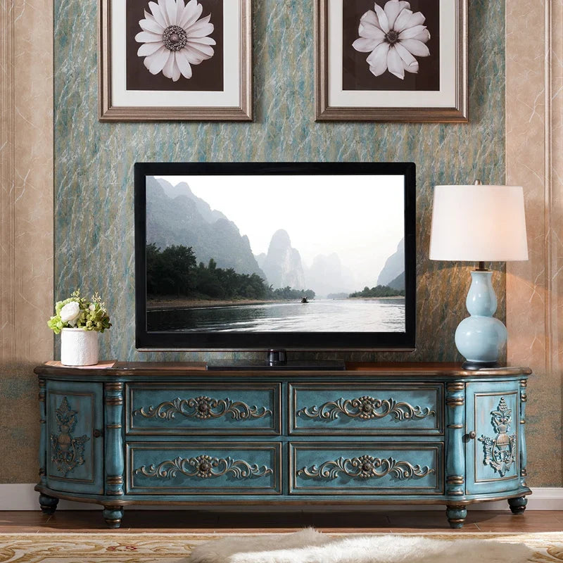 Traditional Birch Wood Media Console with 4 Drawers & Cabinets - Stylish Storage Solution