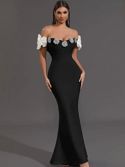 Women Celebrity Sexy Off Shoulder Flower Black Maxi Long Bodycon Bandage Dress 2024 Knitted Elegant Evening Club Party Outfit