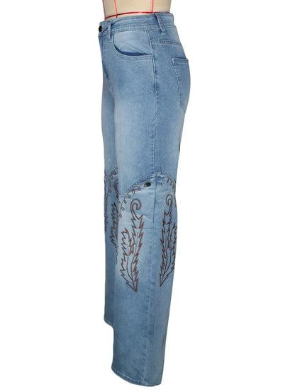 2025 Summer Fashion Woman Vintage Embroidery Denim Trousers Casual High Waist Straight Leg Jeans Women Street Clothes Jean Pants