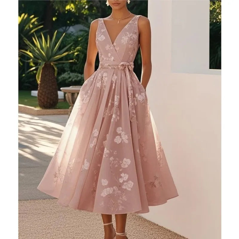 Summer Elegant Evening Party Dress 2025 Sexy V-neck Sleeveless Lace-up Chic Pleated Dresses Boho Womens A-Line Prom Dress Robe