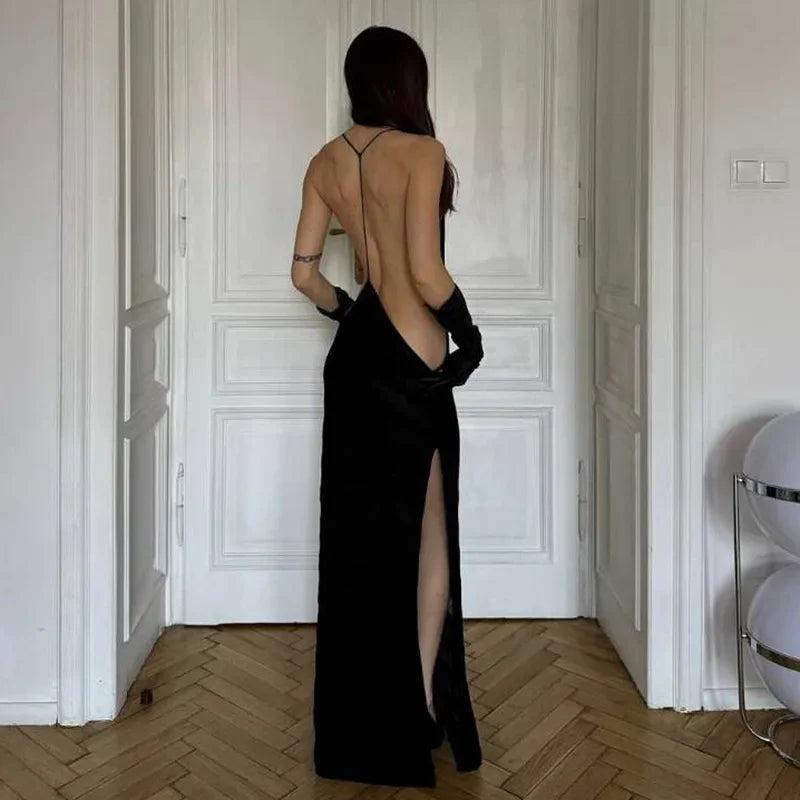 Mesh See Through Sexy Halter Party Club Maxi Split Dress Outfits Women Summer Sleeveless Backless Bodycon Long Dresses Vestido