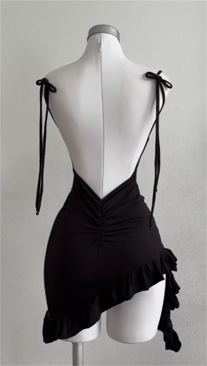 Sleeveless Backless Ruffles Mini Dress Women Summer Y2K Lace Up Black Bodycon Dresses Party Club Streetwear 2025 New Sundress