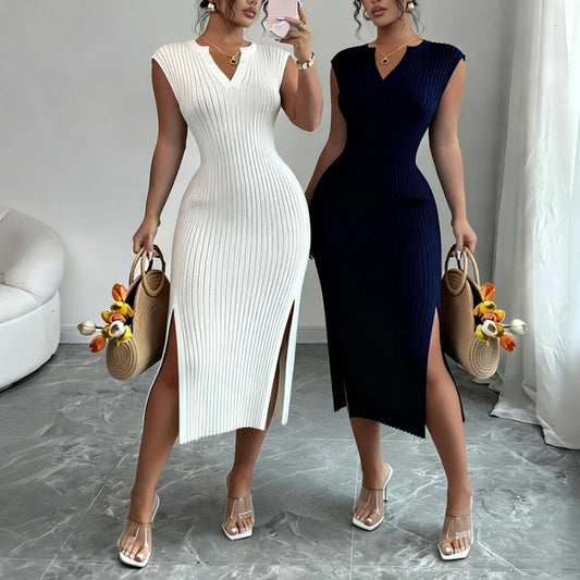 Women's White V-Neck Sleeveless Elastic Sundress Knit Bodycon Maxi Dress Solid Side Slit Casual Summer Daily Party Long Dress