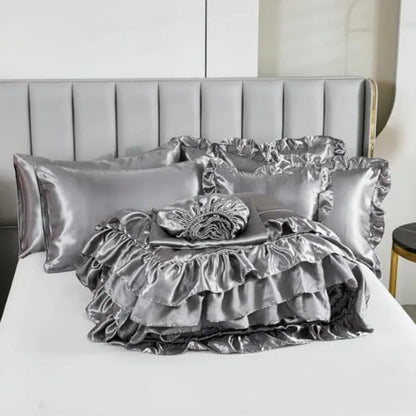 Grey Satin Queen Comforter Set – 8-Piece Ruffled Bedding