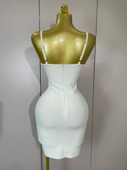 Sexy White Spaghetti Strap V Neck Crystal Sleeveless Bandage Dress Women Elegant Evening Party Cocktail Luxury Birthday Gowns