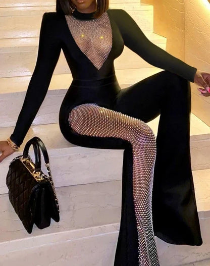 New Fashion Women's Mesh Splicing Jumpsuit Female Clothes Temperament Commuting Women Elegant Skinny High Waist Long Jumpsuits