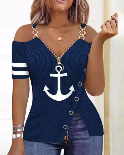 Blusas Para Mujer Print Zip Detail Split Hem Shoulder Top Women Short Sleeve Spring Summer T Shirt Tops Blouse Women Clothing