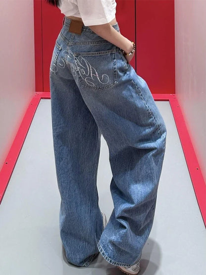 HOUZHOU Baggy Blue Jeans Women Vintage Y2k Letter Rhinestone Straight Denim Trousers Streetwear High Waist Wide Leg Jeans Chic