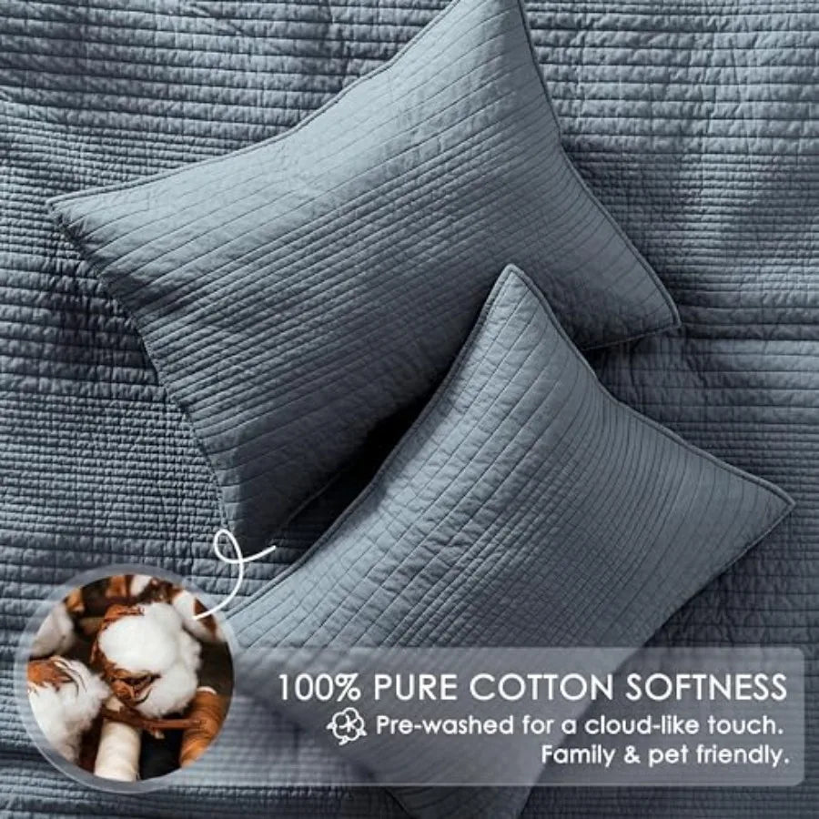 Blue-Grey Farmhouse Cotton Quilt Set – Lightweight All-Season Coverlet