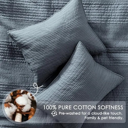 Blue-Grey Farmhouse Cotton Quilt Set – Lightweight All-Season Coverlet