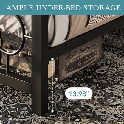 Vintage Modern Bed Frame with Heavy-Duty Iron, Under-Bed Storage, No Box Spring Needed, Black/Brown