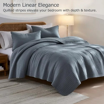 Blue-Grey Farmhouse Cotton Quilt Set – Lightweight All-Season Coverlet