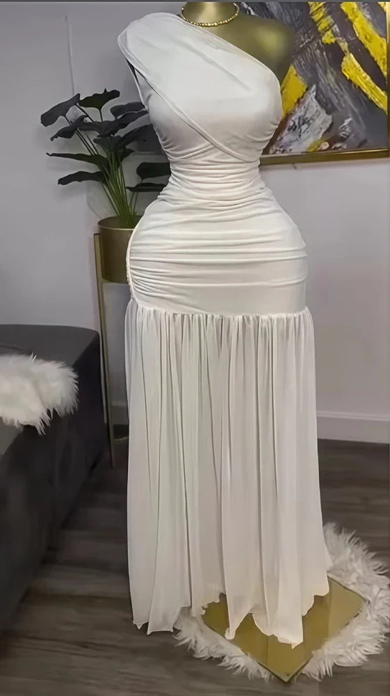 Stylish Evening Sexy Club Party Holiday Maxi Dress for Women Elegant Skew Neck One Sleeve Off Shoulder Mesh Slit Long Dresses