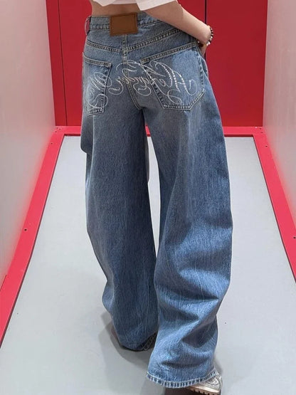 HOUZHOU Baggy Blue Jeans Women Vintage Y2k Letter Rhinestone Straight Denim Trousers Streetwear High Waist Wide Leg Jeans Chic