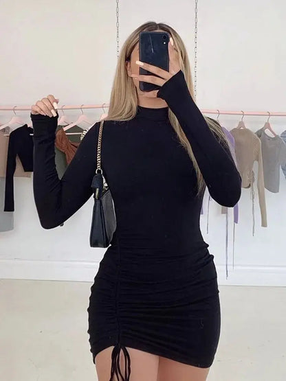 Long Sve Ruched Bodycon Dr Women Turtlene Bandage Mi 45 Deee Slant Cut Double Pant Waist Camere A-Line Sve Tee-...