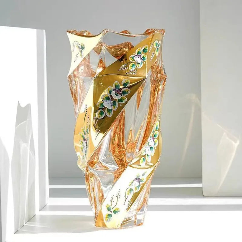 23Cm Thickened Glass Vase with Yellow Gold Floral Design - Modern European Luxury Decor